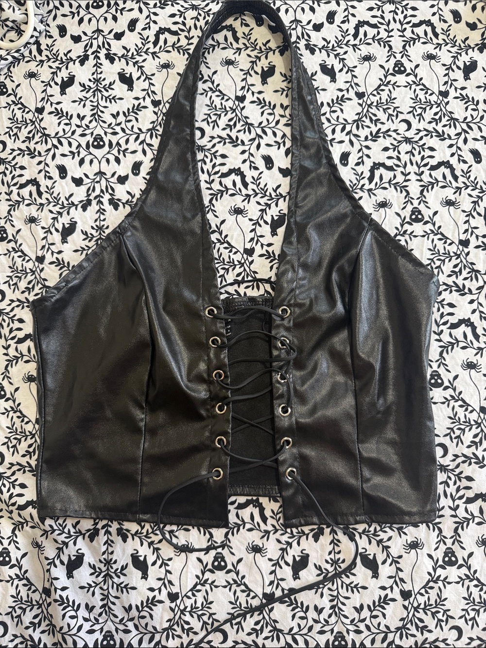 SHEIN Black Faux Leather Lace-Up Halter Crop Top
